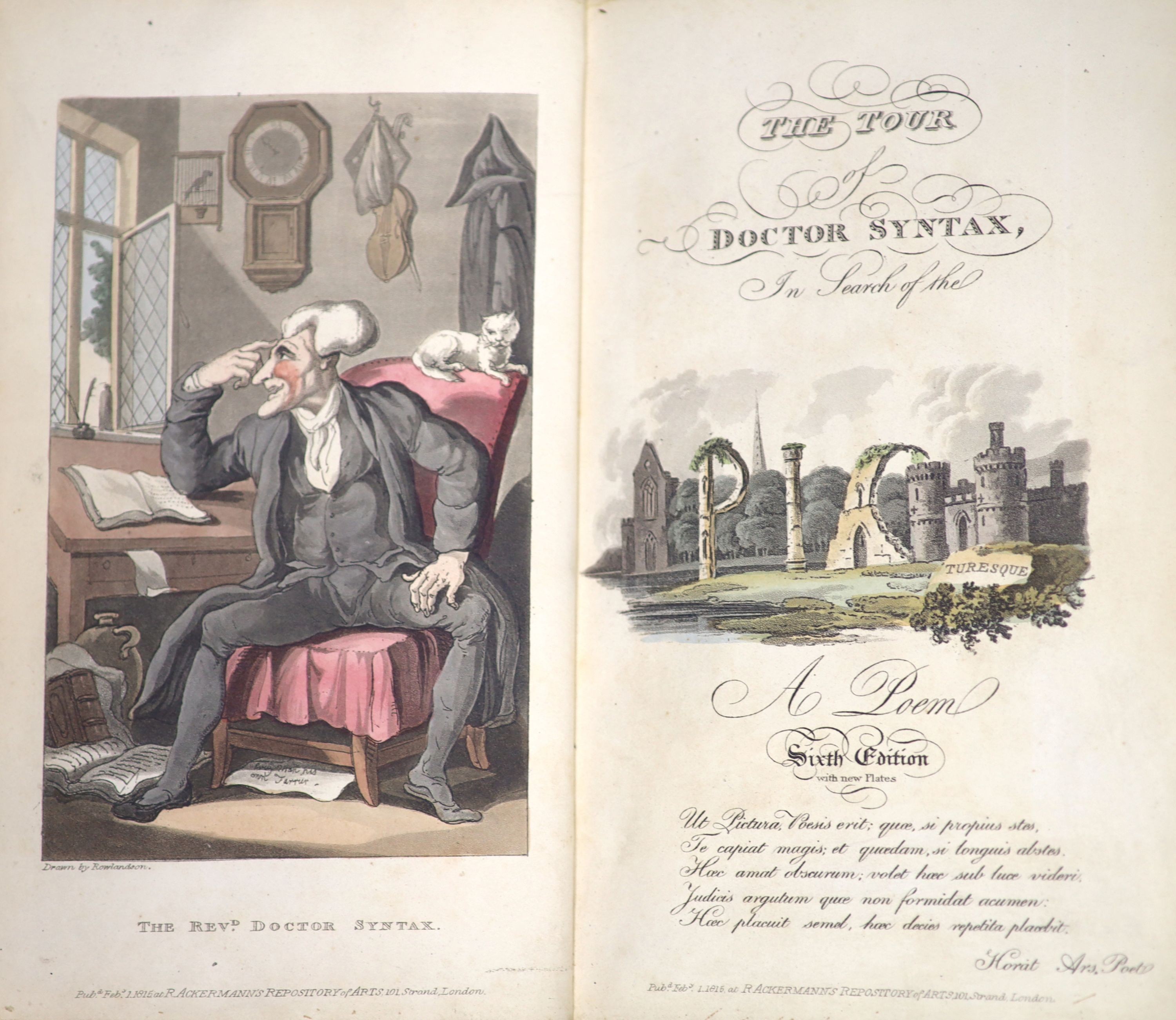 Combe, William - The Tour[s] of Doctor Syntax I Search of [1] the Picturesque, 6th edition, illustrated by Thomas Rowlandson, 8vo, burr calf rebacked, endpapers renewed, with hand-coloured engraved frontis, title and 29